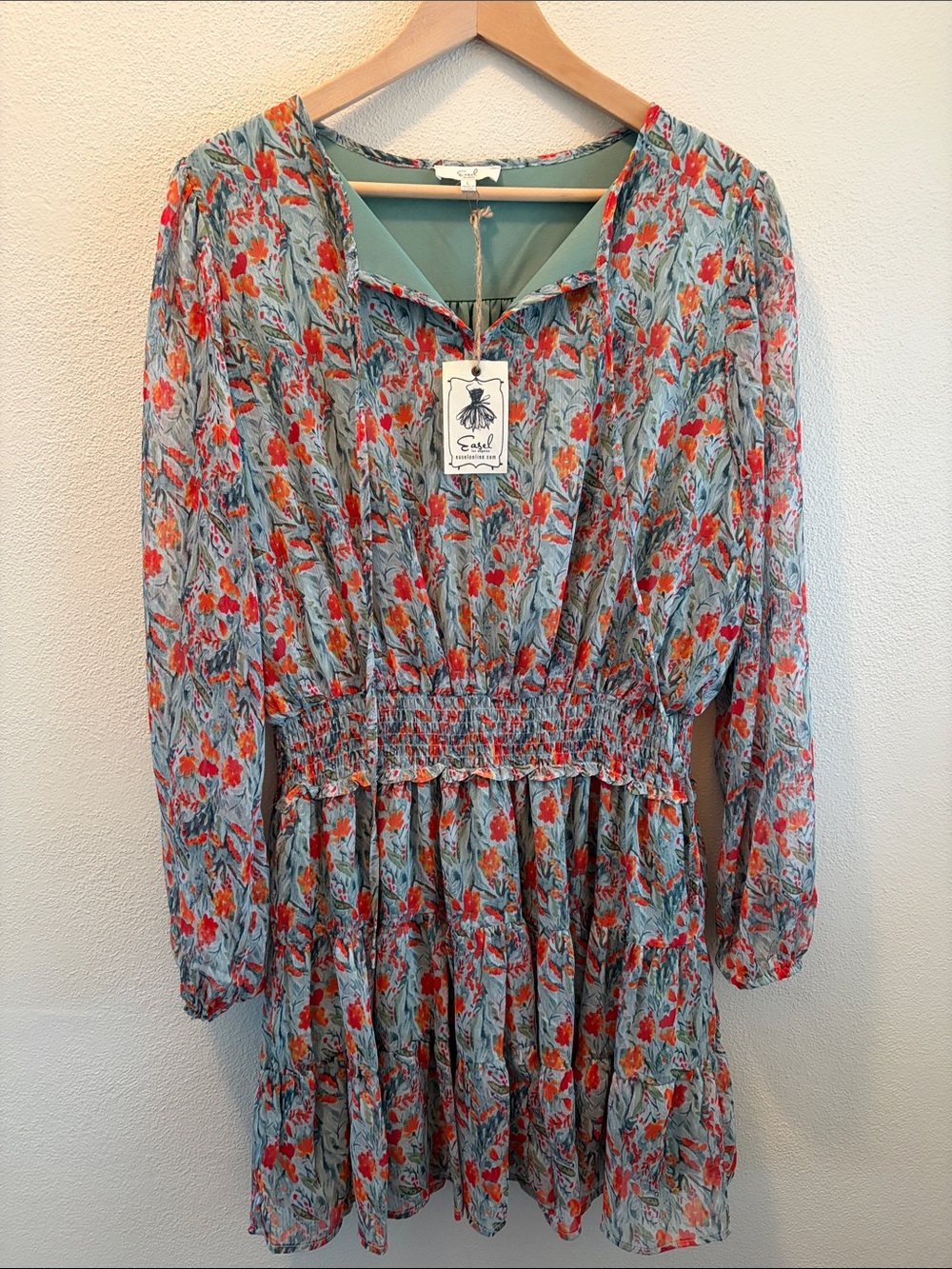 Easel Los Angeles long sleeve flowy floral mini dress green/orange | size large